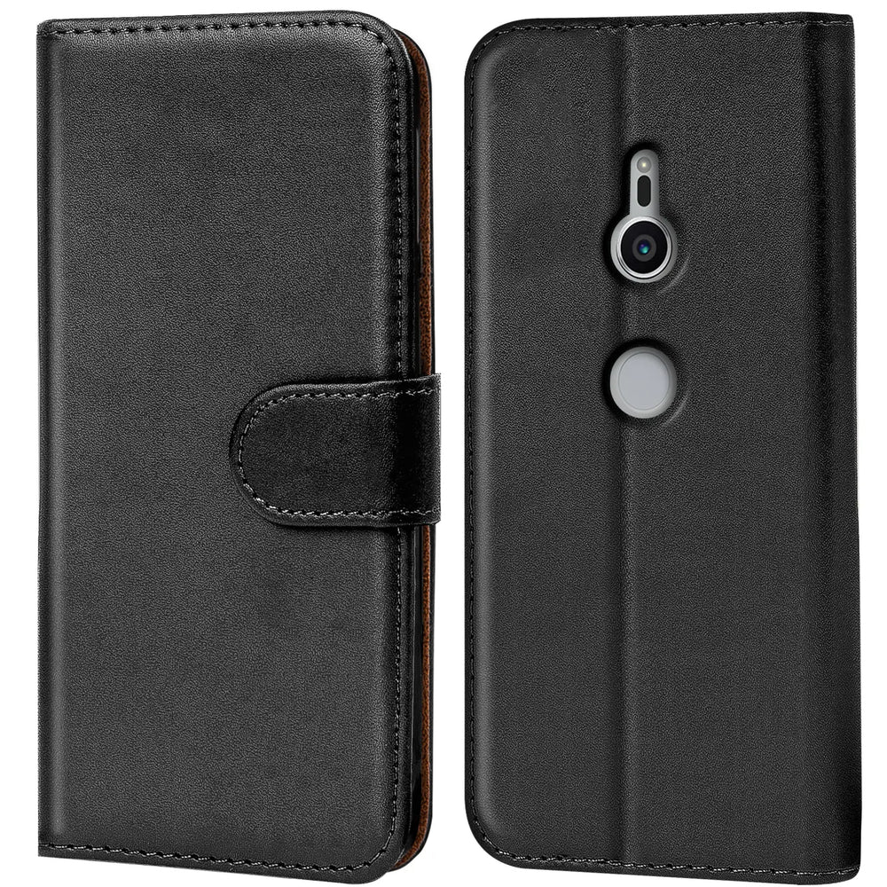 Schwarze Leder-Klapphülle mit Kartenfächern, Vorder- und Rückansicht, Sony Xperia XZ2.