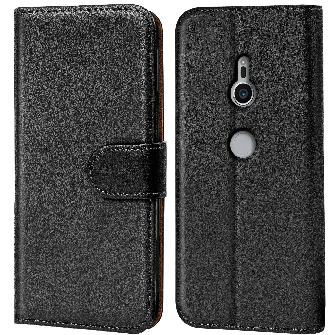 Schwarze Leder-Klapphülle mit Kartenfächern, Vorder- und Rückansicht, Sony Xperia XZ2.