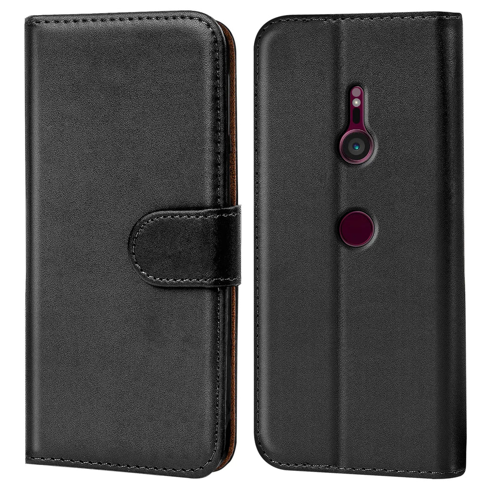 Schwarze Leder-Klapphülle mit Kartenfächern für Sony Xperia XZ3, Vorder- und Rückansicht
