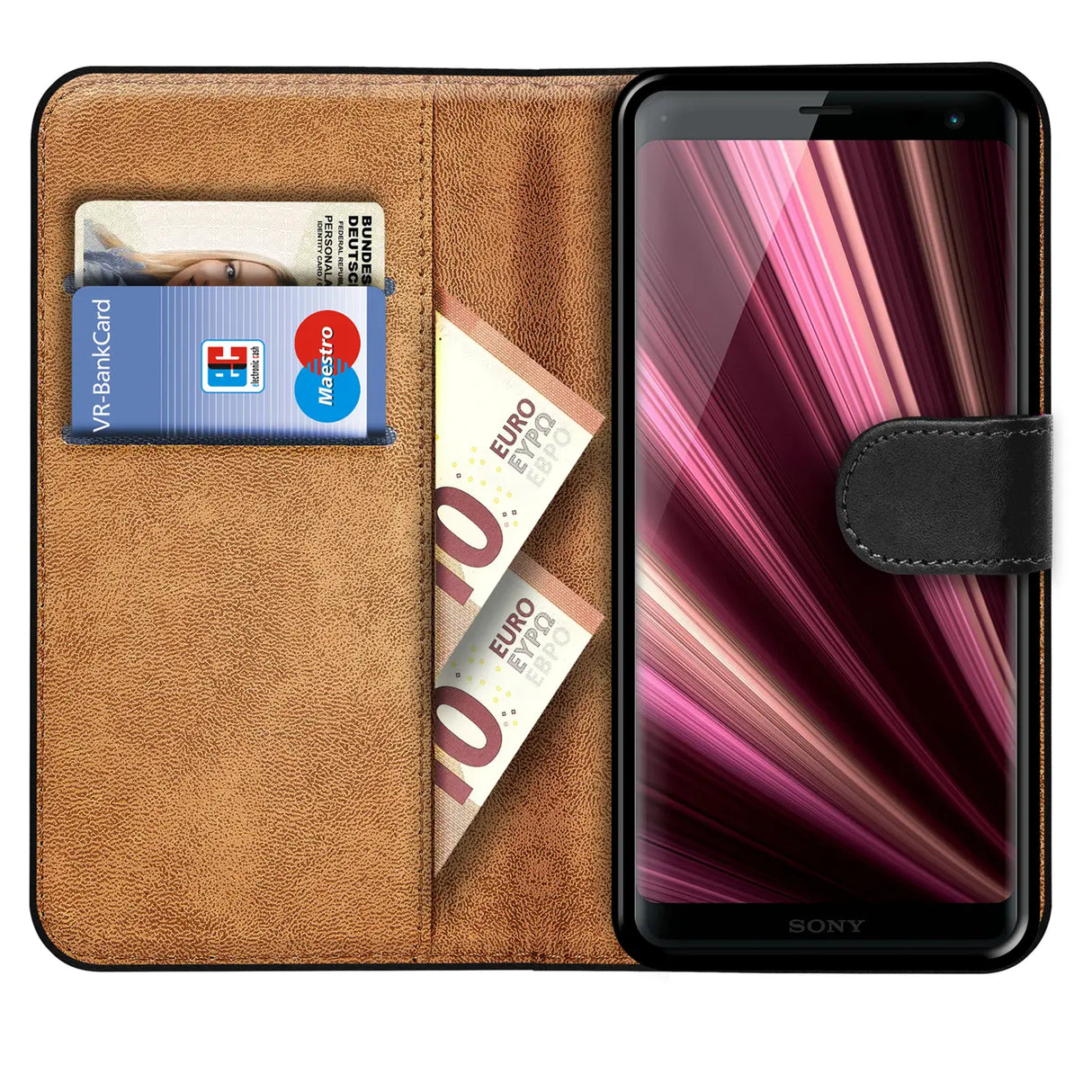 Sony Xperia XZ3 Klapphülle in Schwarz mit Kartenfächern und Schutz