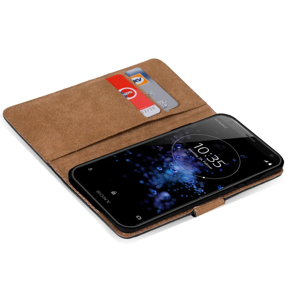 Braune Klapphülle aus Leder mit Kartenfächern, zeigt Sony Xperia XZ3 von oben.