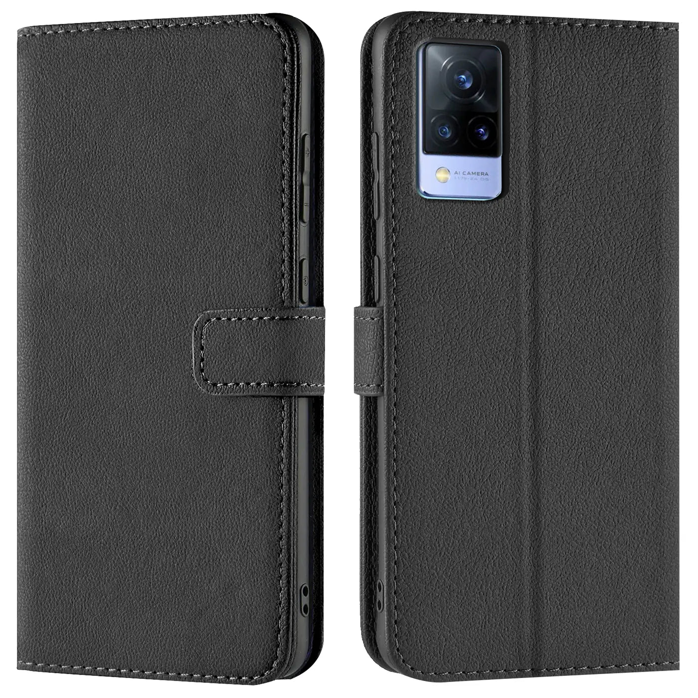Schwarze Leder-Klapphülle mit Kartenfächern, Vorder- und Rückansicht, Vivo V21 5G.