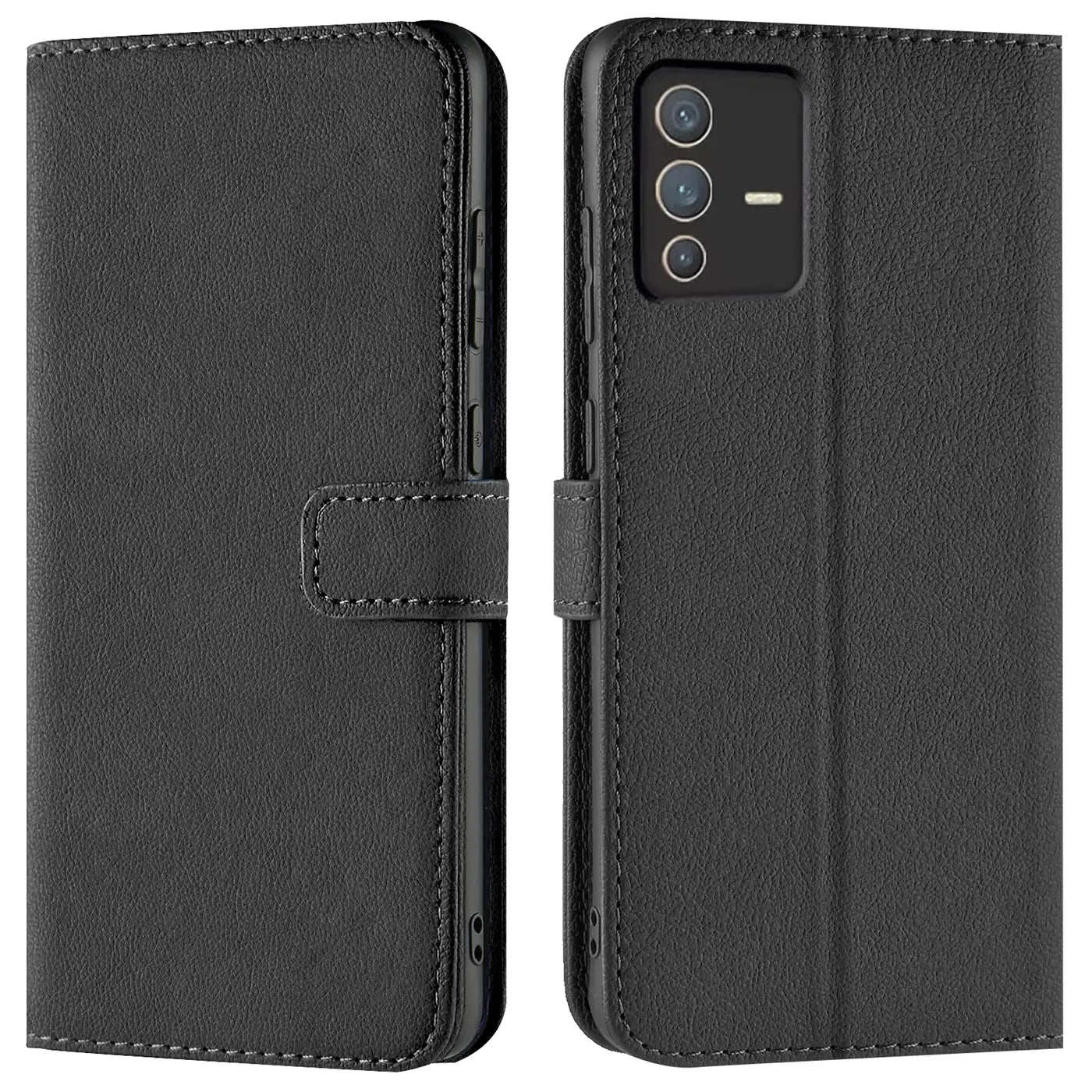 Schwarze Leder-Klapphülle mit Kartenfächern für Vivo V23 5G, Front- und Rückansicht.