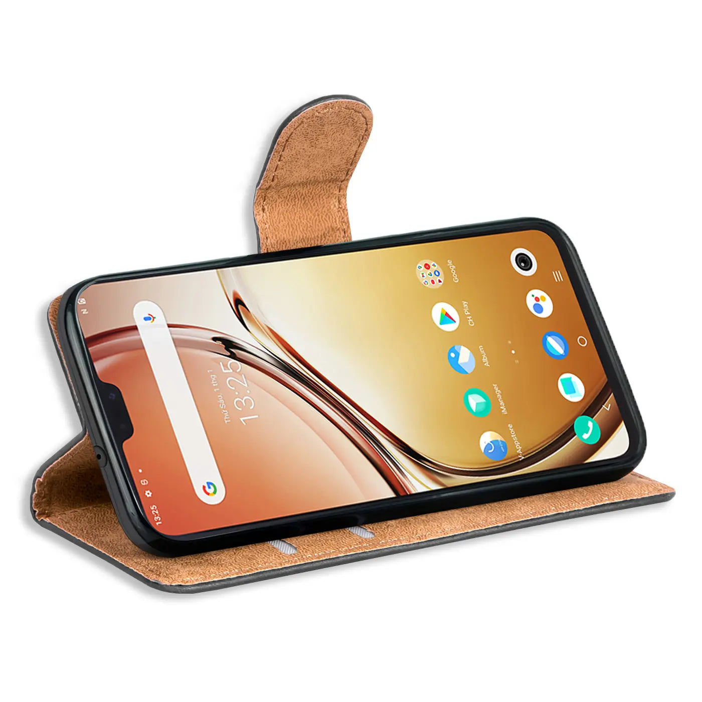 Braune Leder-Klapphülle mit Kartenfächern, zeigt Vivo V23 5G von vorne, leicht schräg
