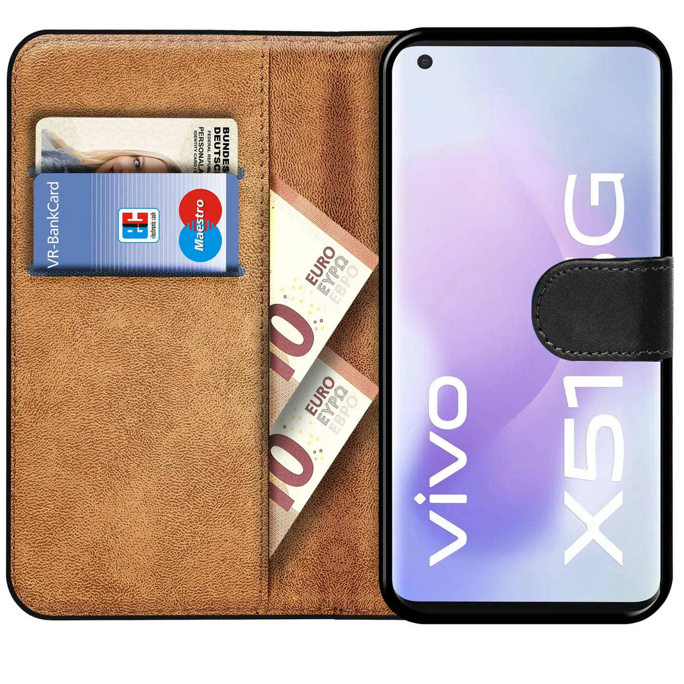 Braune Leder-Klapphülle mit Kartenfächern und Euro-Scheinen, zeigt Vivo X51 5G.