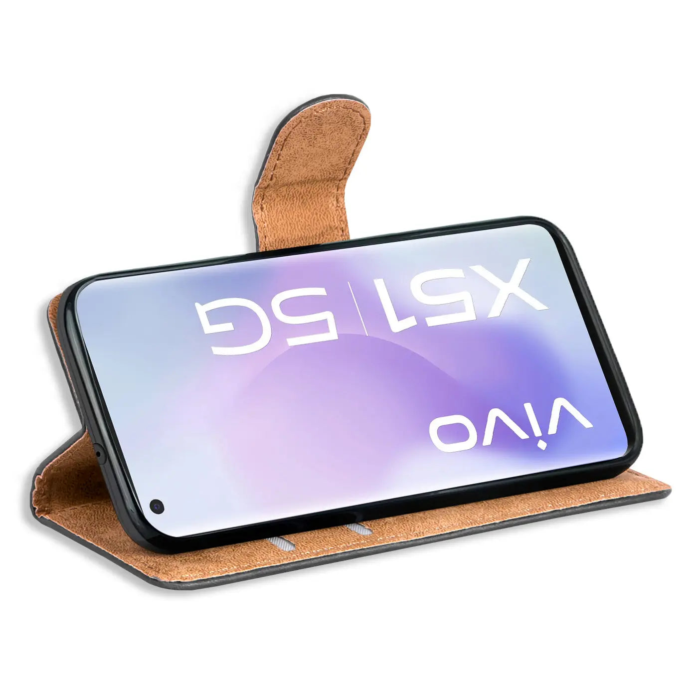 Braune Leder-Klapphülle mit Kartenfächern, zeigt Vivo X51 5G von vorne.