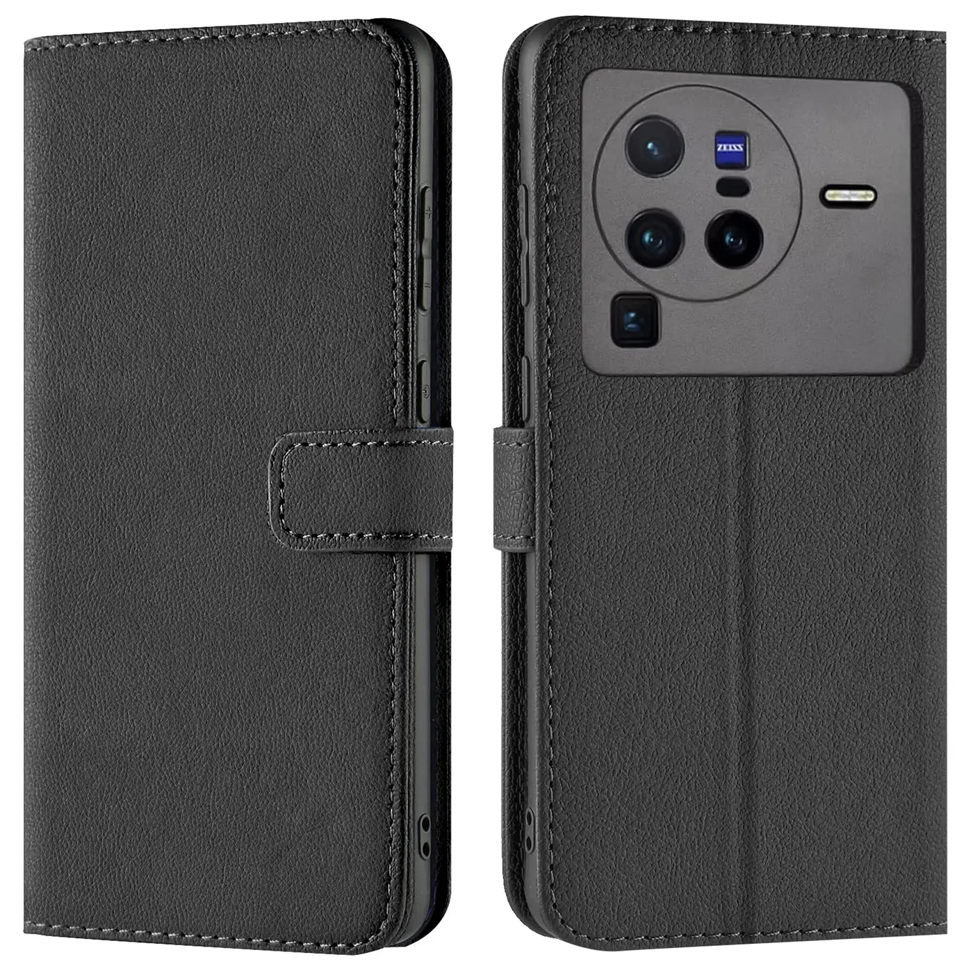 Schwarze Leder-Klapphülle für Vivo X80 Pro, Vorder- und Rückansicht.