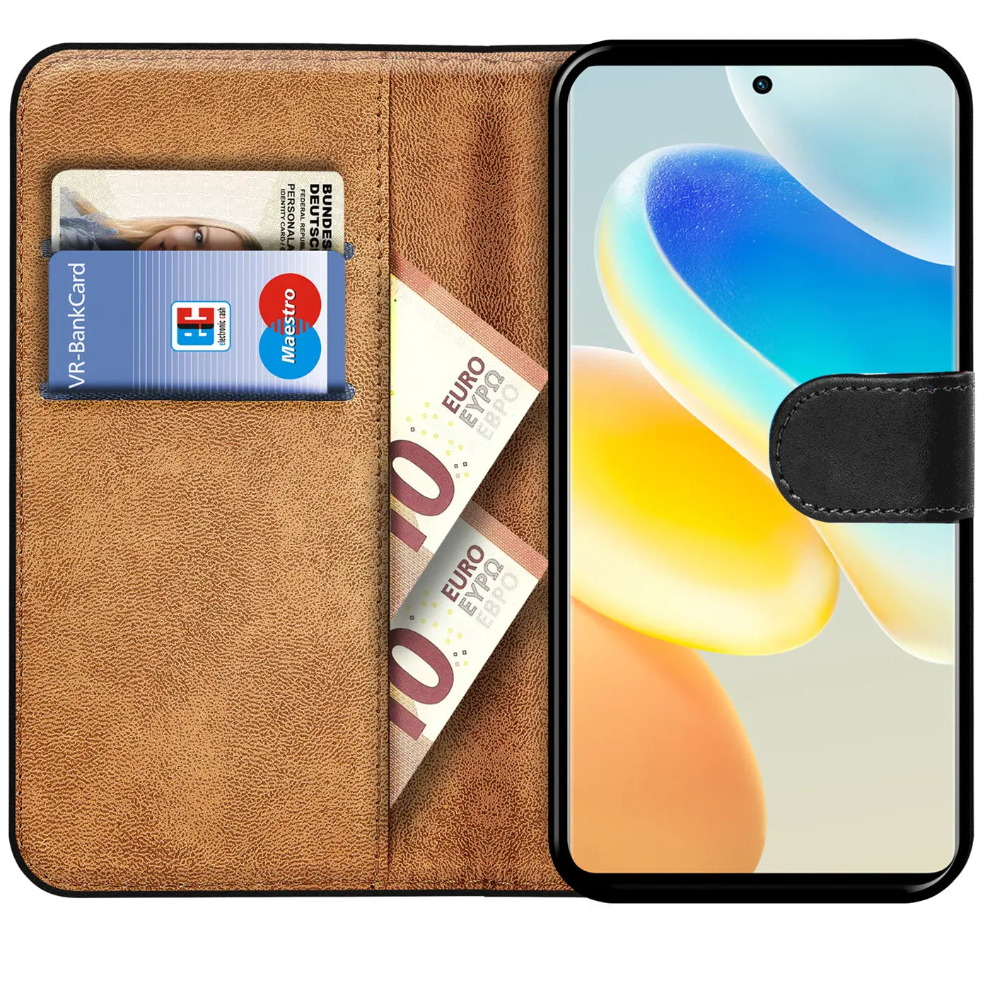 Braune Kunstleder-Klapphülle mit Kartenfächern, zeigt Vivo X80 Pro, von vorne