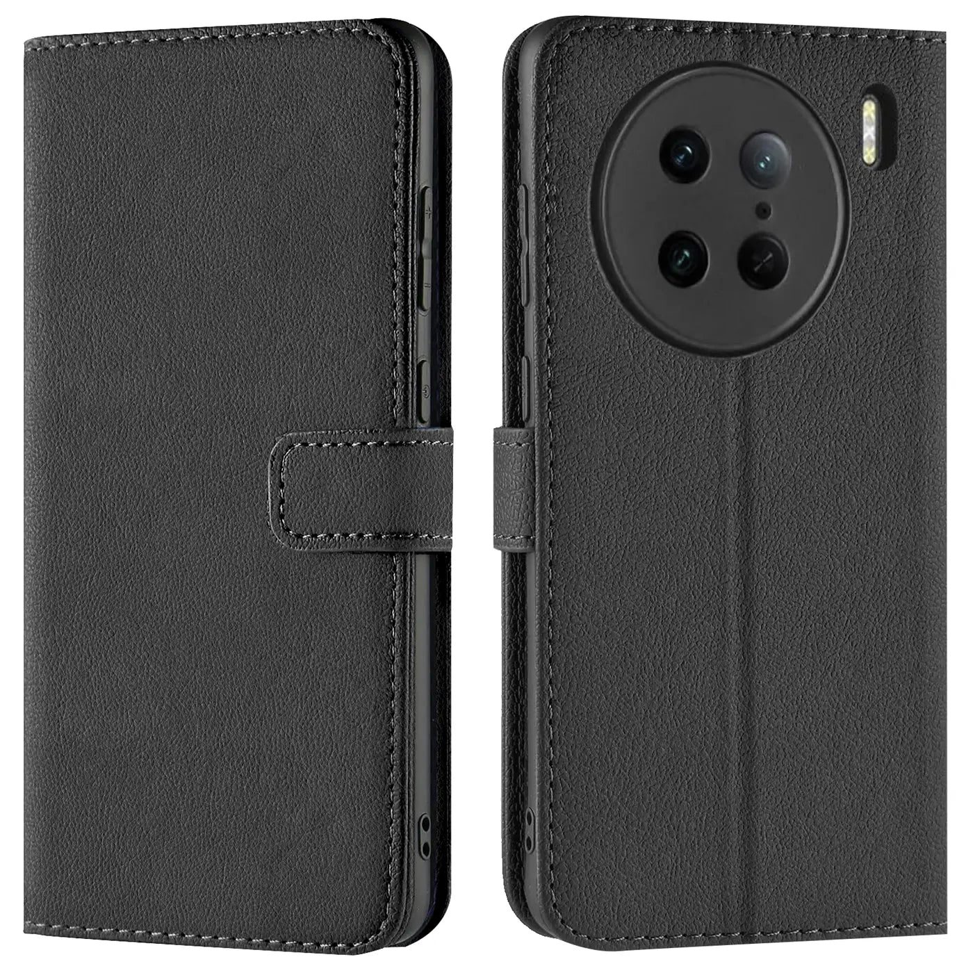 Schwarze Leder-Klapphülle mit Kartenfächern, Vorder- und Rückansicht, für Vivo X90 Pro.