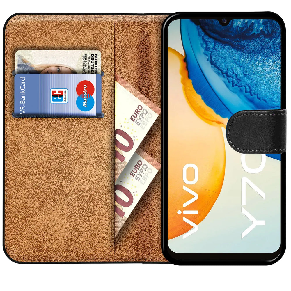 Braune Kunstleder-Klapphülle mit Kartenfächern, zeigt ein Vivo Y70 Smartphone.
