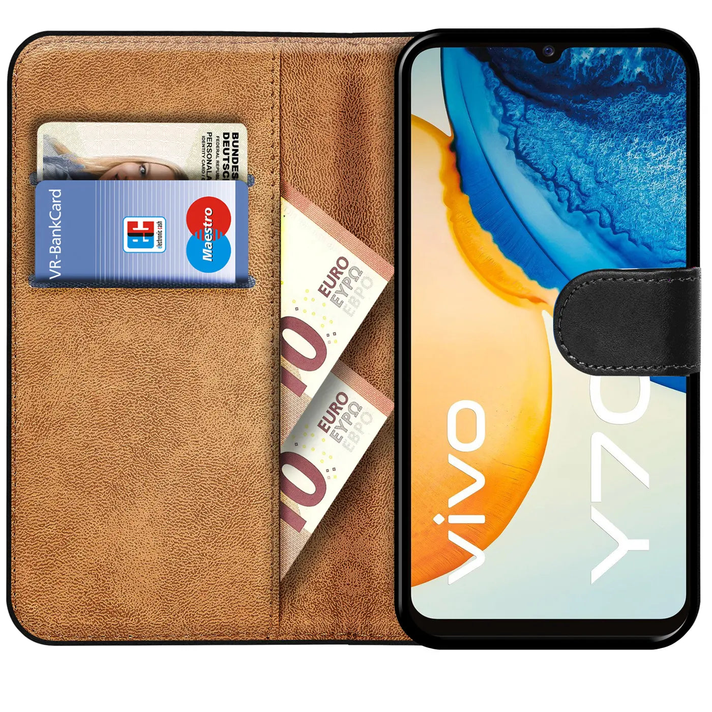 Braune Kunstleder-Klapphülle mit Kartenfächern, zeigt ein Vivo Y70 Smartphone.