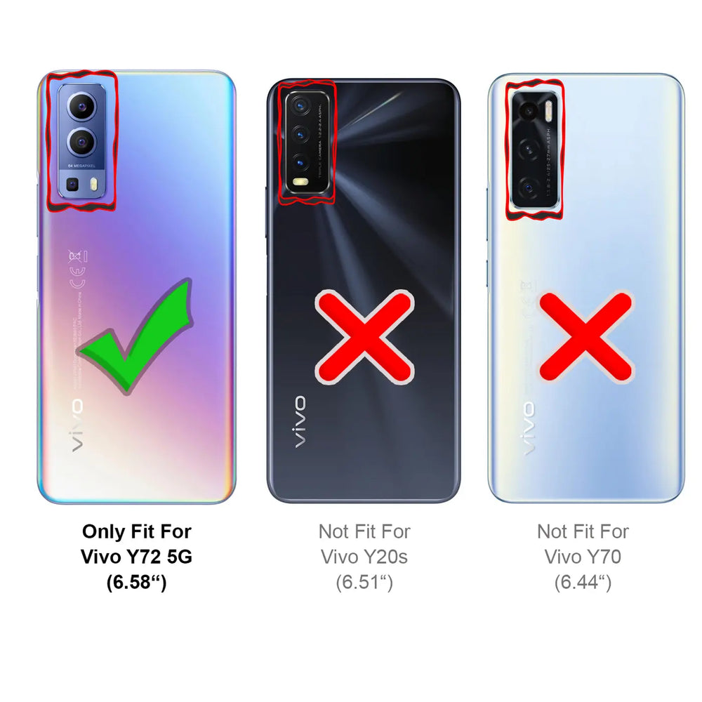 Drei Smartphone-Rückseiten, eine mit Haken, zwei mit Kreuzen. Vivo Y72 5G passt.