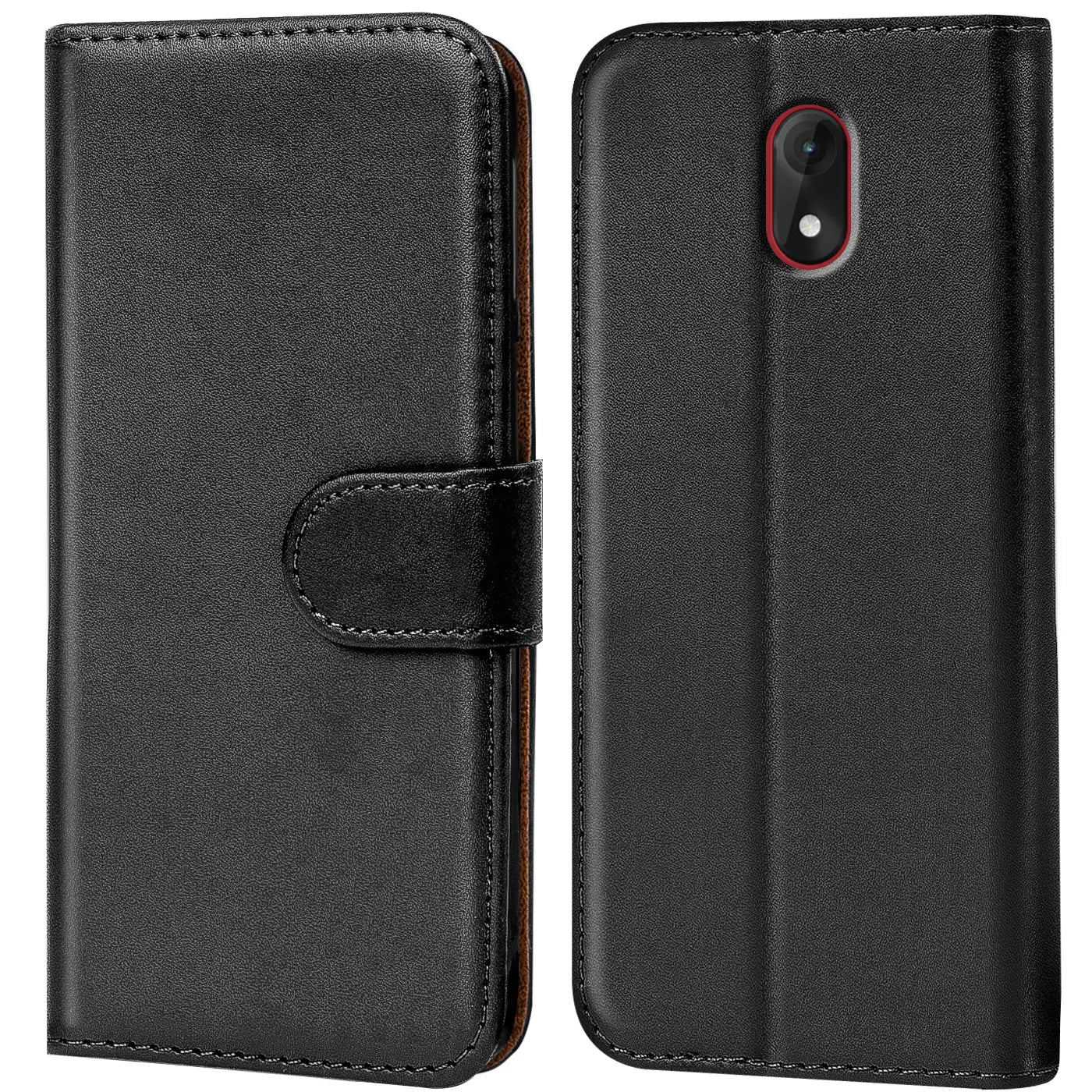 Schwarze Leder-Klapphülle mit Kartenfächern, Vorder- und Rückansicht, für Wiko Lenny 5.