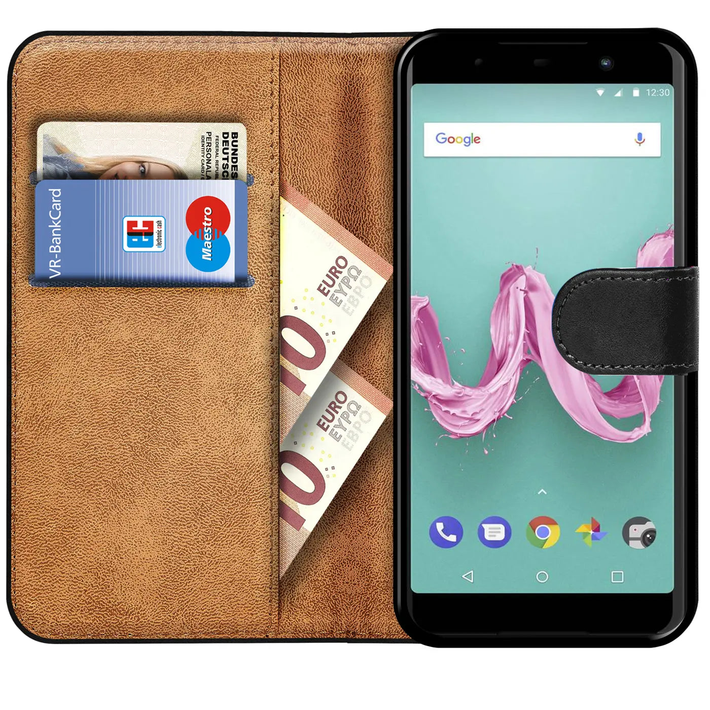 Braune Leder-Klapphülle mit Kartenfächern und Euro-Scheinen, zeigt ein Wiko Lenny 5.