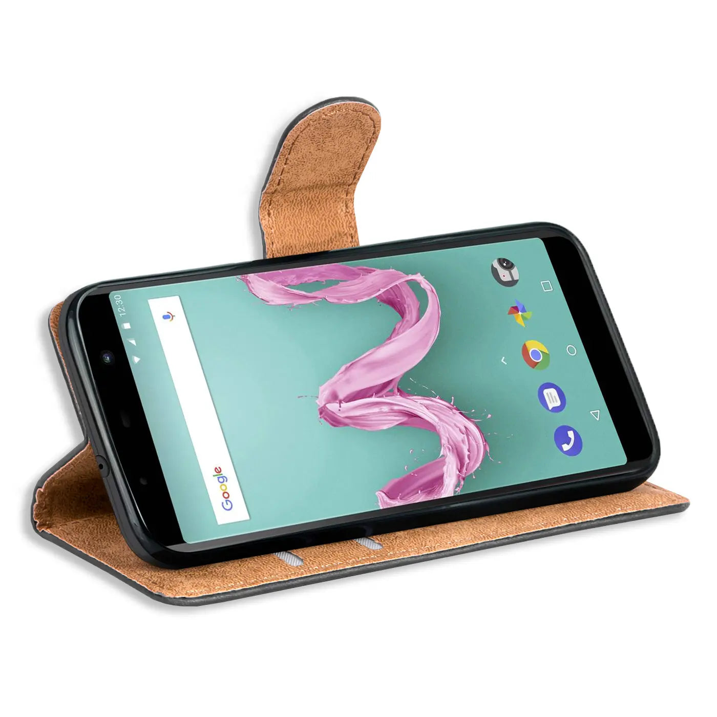 Braunes Kunstleder-Klappcover mit Kartenfächern, Wiko Lenny 5, von vorne schräg