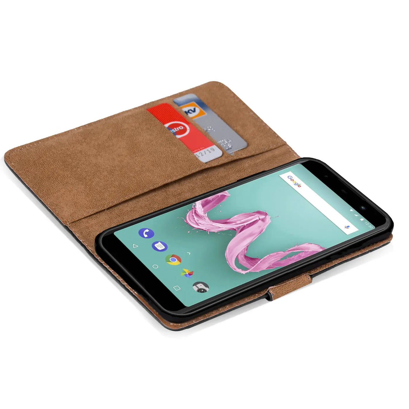 Braune Kunstleder-Klapphülle mit Kartenfächern, zeigt ein Wiko Lenny 5 von vorne.