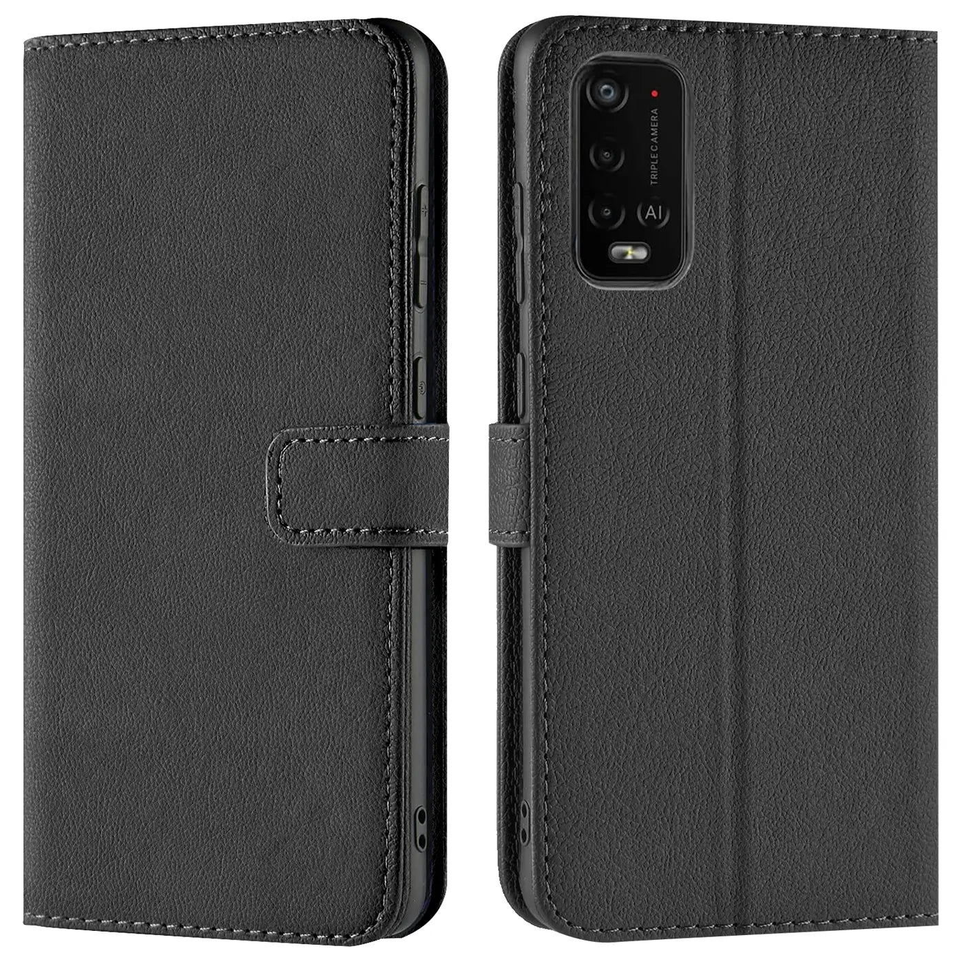 Schwarze Kunstleder-Klapphülle mit Kartenfächern, Vorder- und Rückansicht, Wiko Power U10/U20.