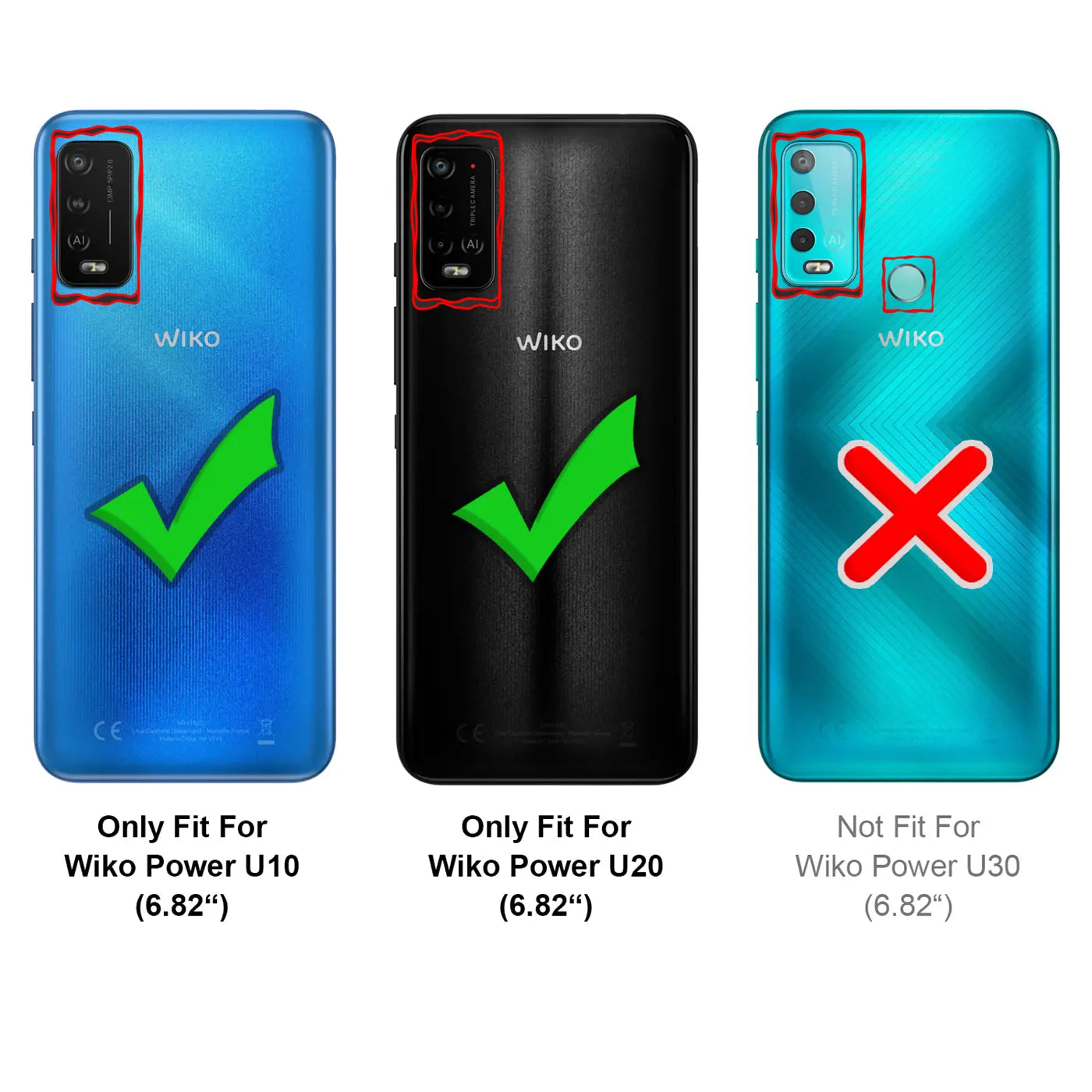 Drei Wiko Smartphones (blau, schwarz, türkis) mit Kameras, Haken/Kreuz.