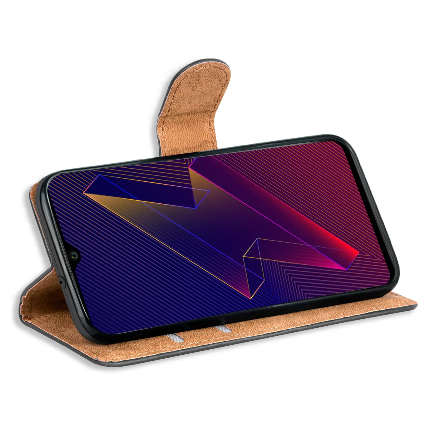 Braune Kunstleder-Klapphülle mit Kartenfächern, seitliche Ansicht, zeigt Wiko Power U10/U20.