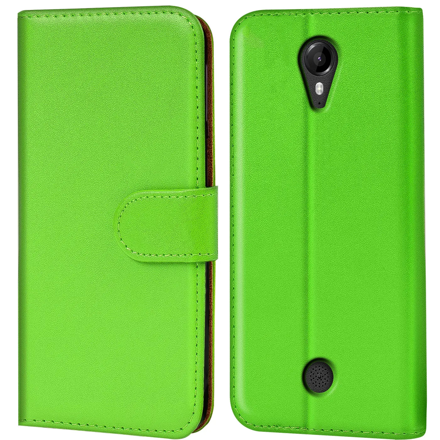 Grüne Kunstleder-Klapphülle für Wiko Tommy, Vorder- und Rückansicht