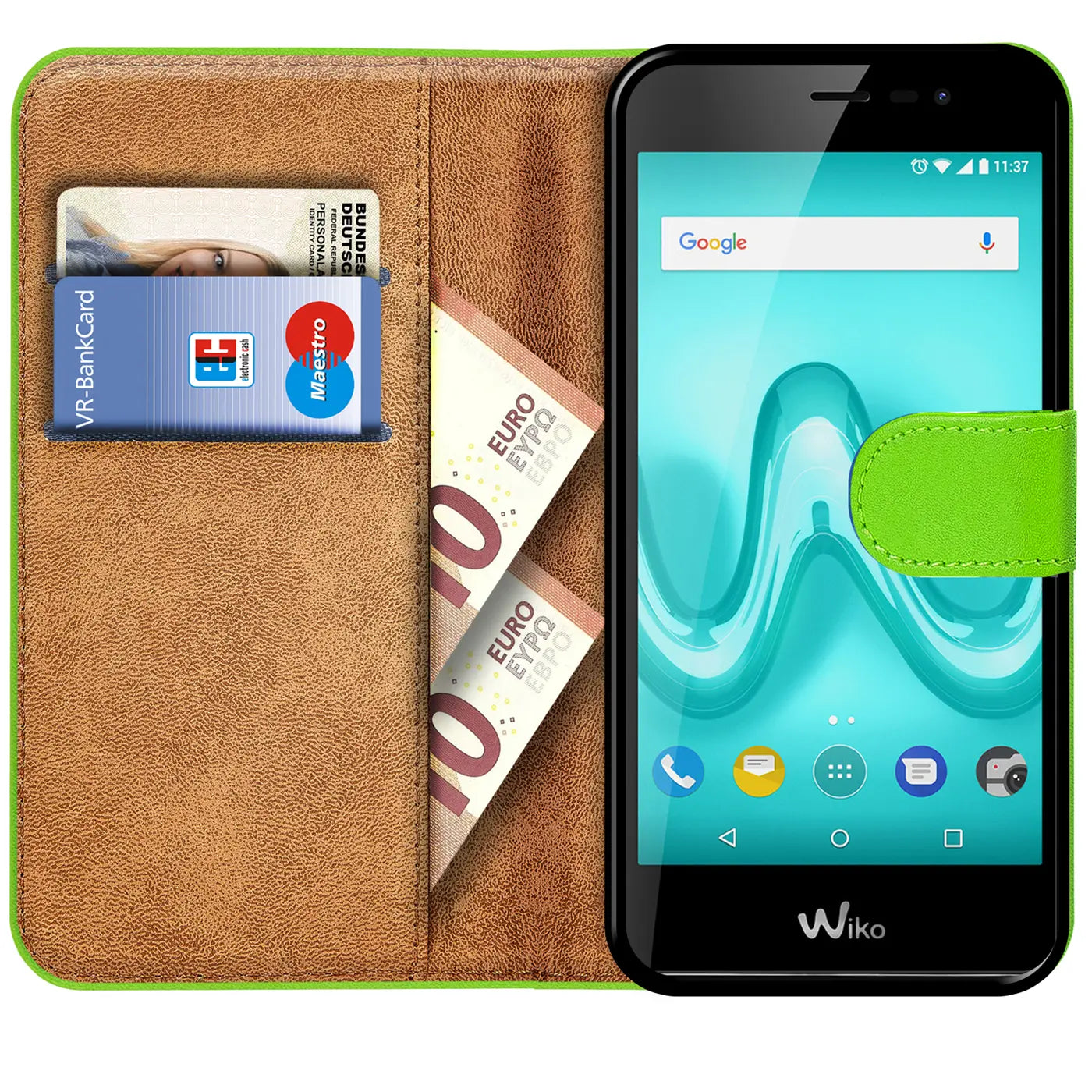 Grüne Klapphülle aus Kunstleder mit Kartenfächern, zeigt Wiko Tommy, Vorderansicht.