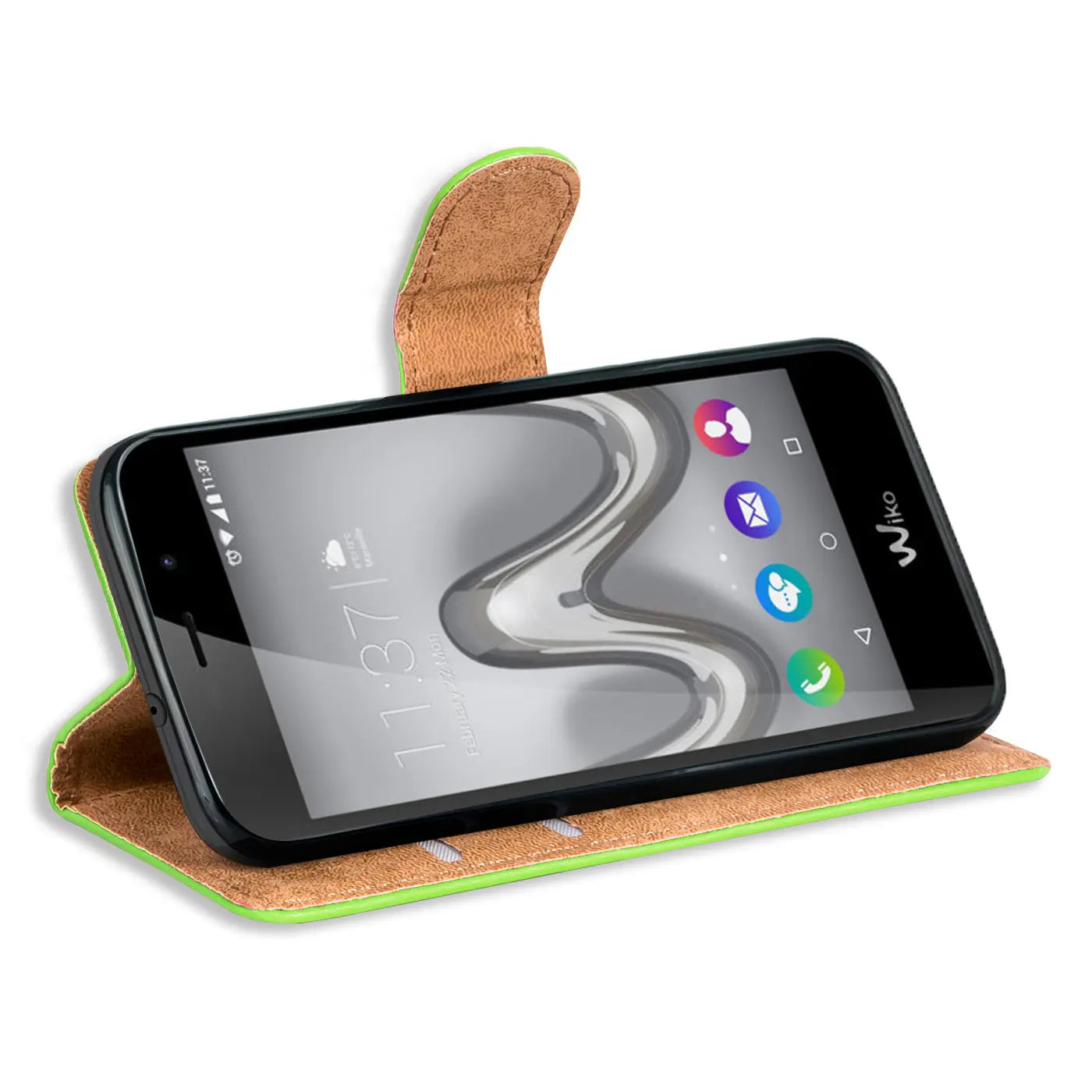 Grüne Kunstleder-Klapphülle mit braunem Innenfutter, Wiko Tommy Smartphone, von vorne
