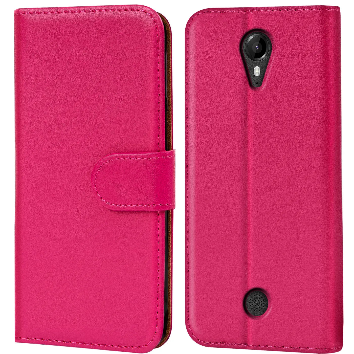 Pink Kunstleder-Klapphülle, Vorder- und Rückansicht, für Wiko Tommy.