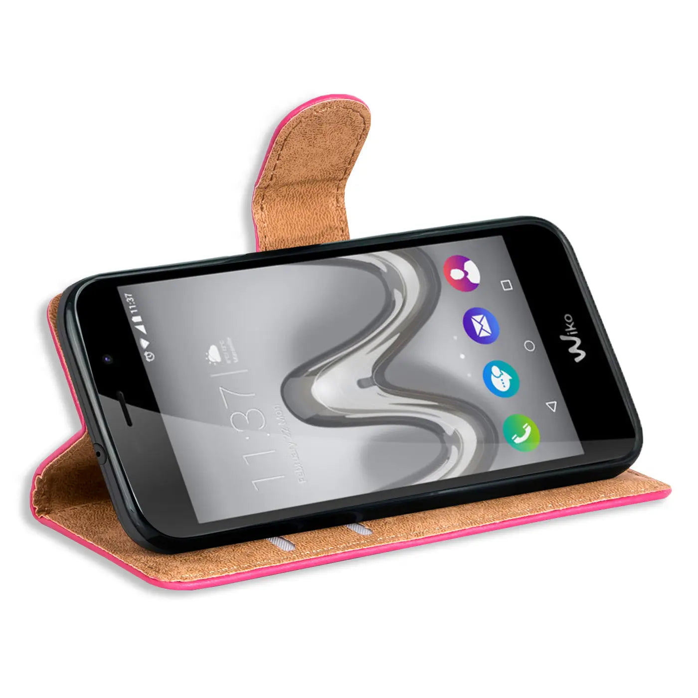 Rosa Klapphülle aus Leder mit Kartenfächern, Wiko Tommy Smartphone, von vorne schräg