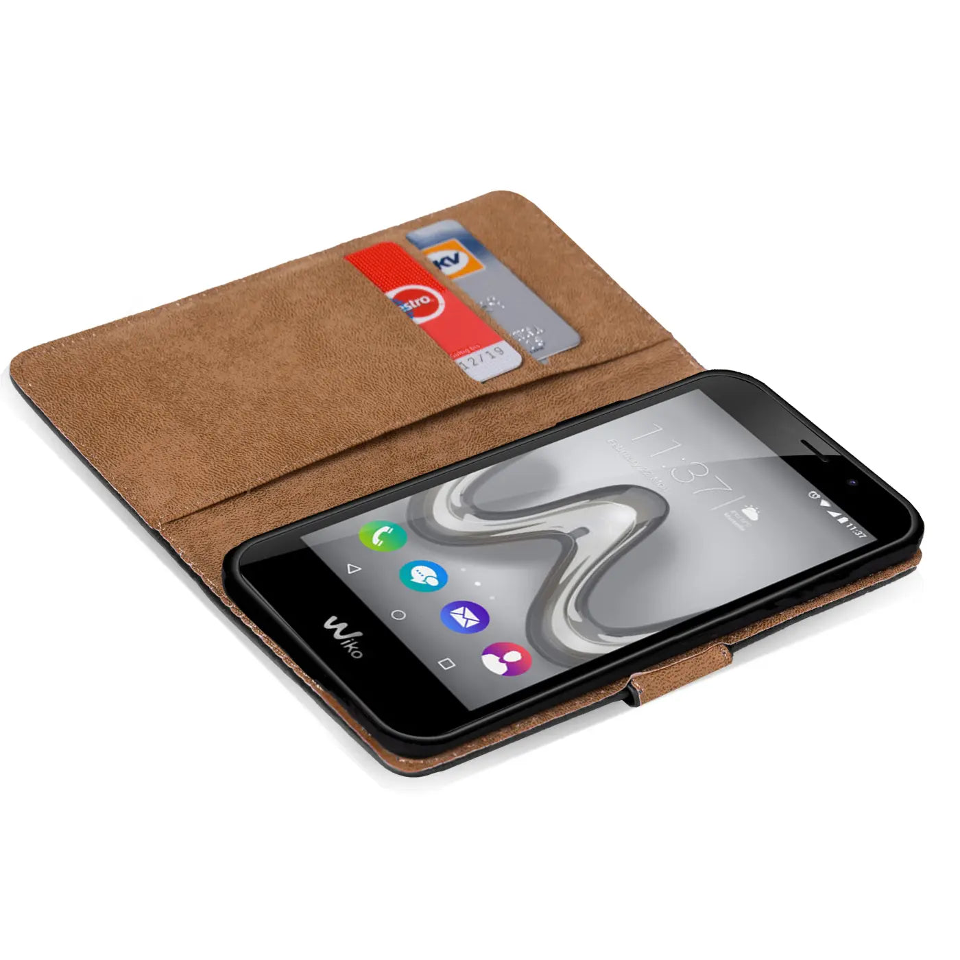 Braune Klapphülle aus Kunstleder mit Kartenfächern, zeigt Wiko Tommy Smartphone von vorne.