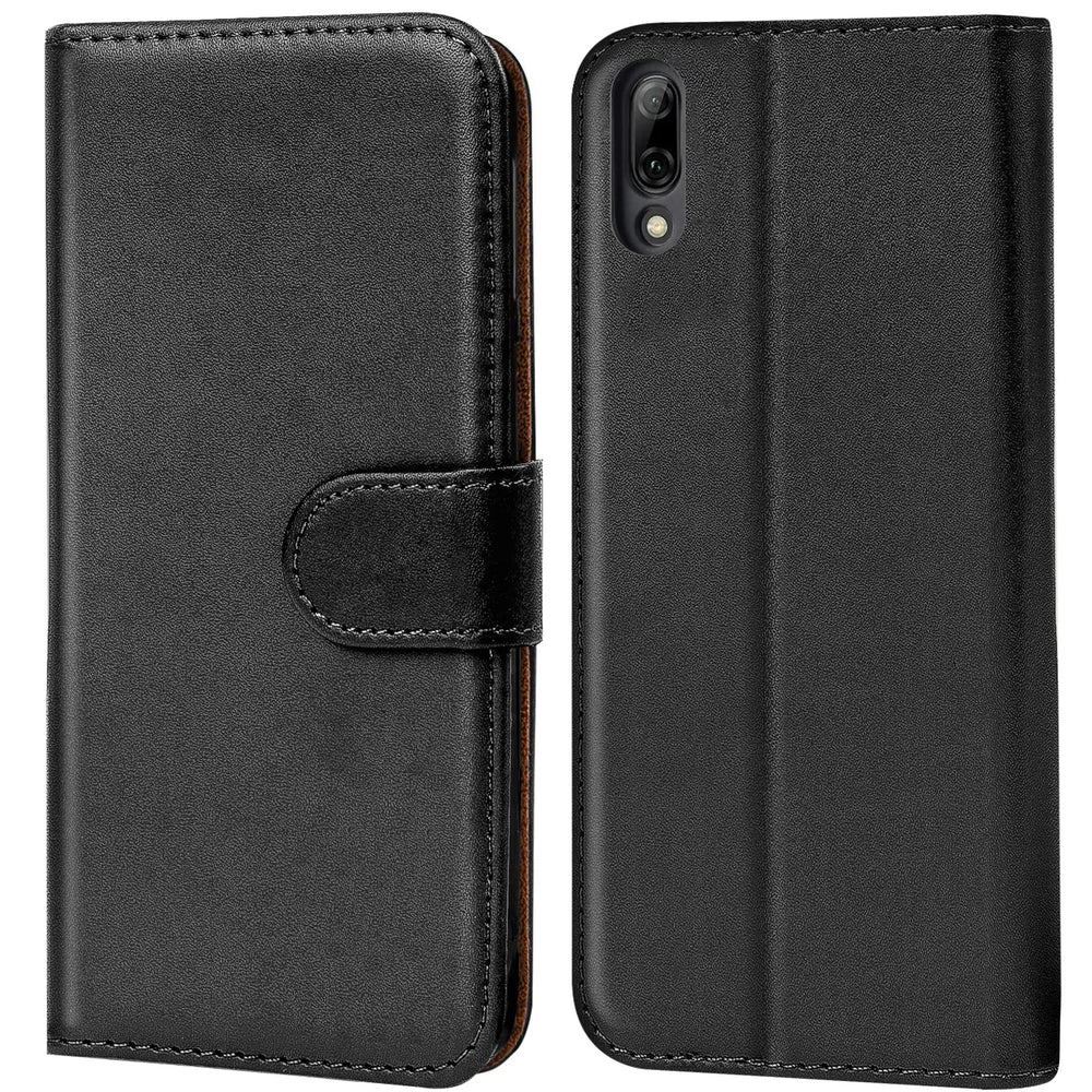 Schwarze Leder-Klapphülle für Wiko View 3 Lite, Vorder- und Rückansicht