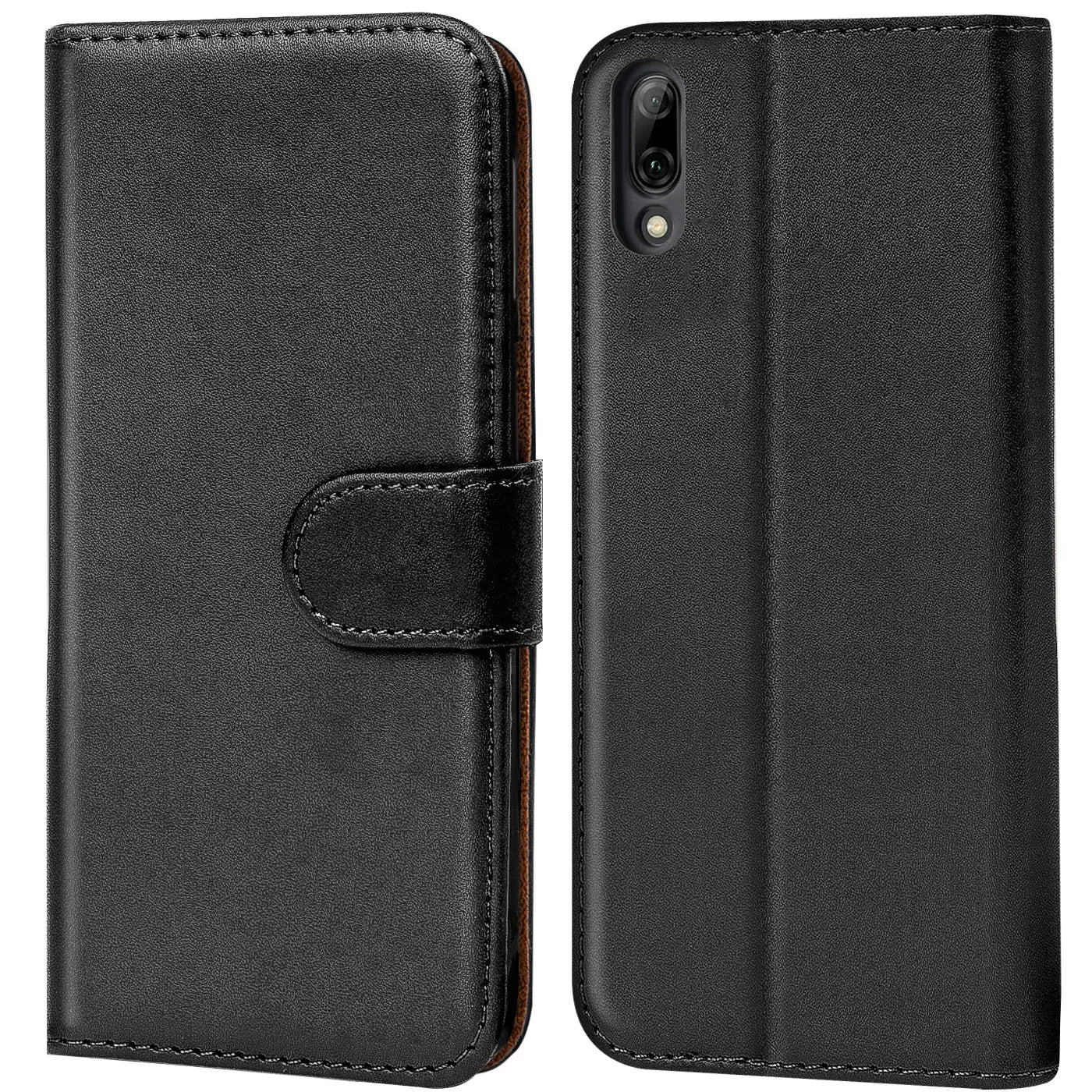 Schwarze Leder-Klapphülle für Wiko View 3 Lite, Vorder- und Rückansicht