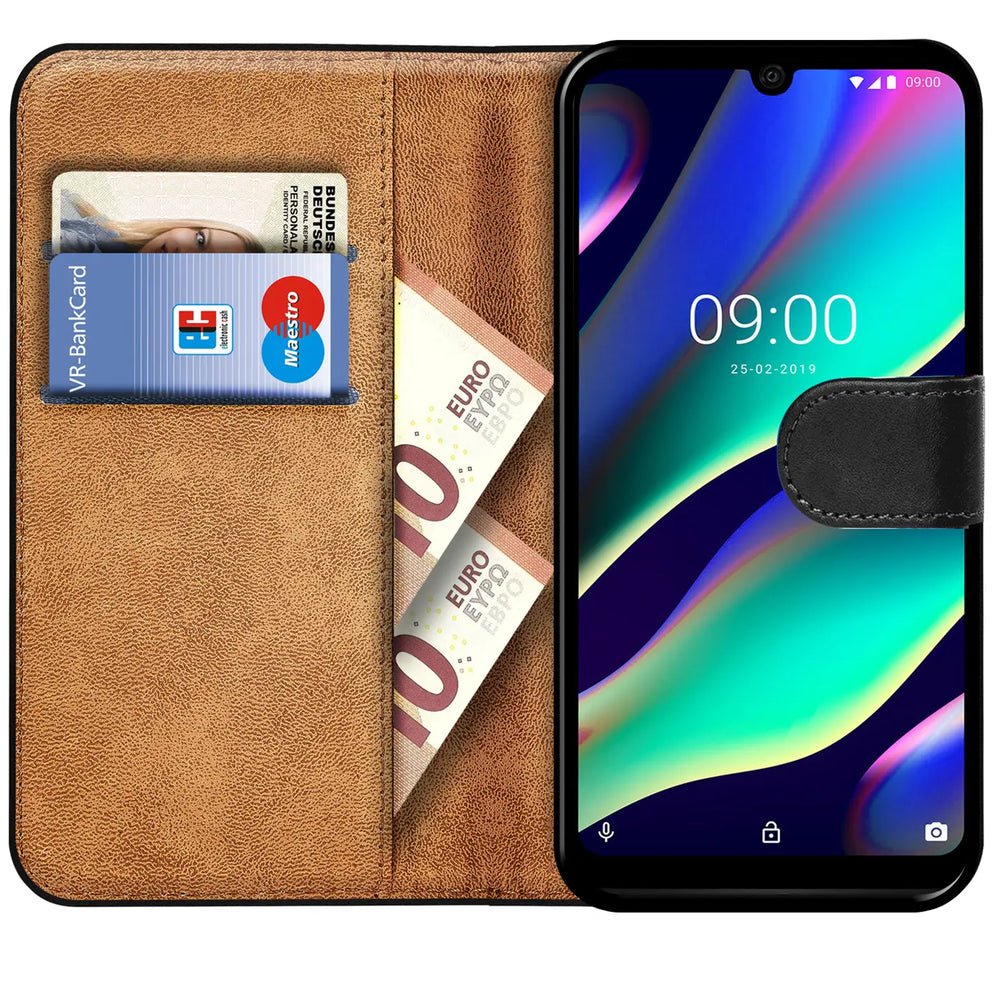 Braune Leder-Klapphülle mit Kartenfächern und Geldscheinen, zeigt Wiko View 3 Lite.