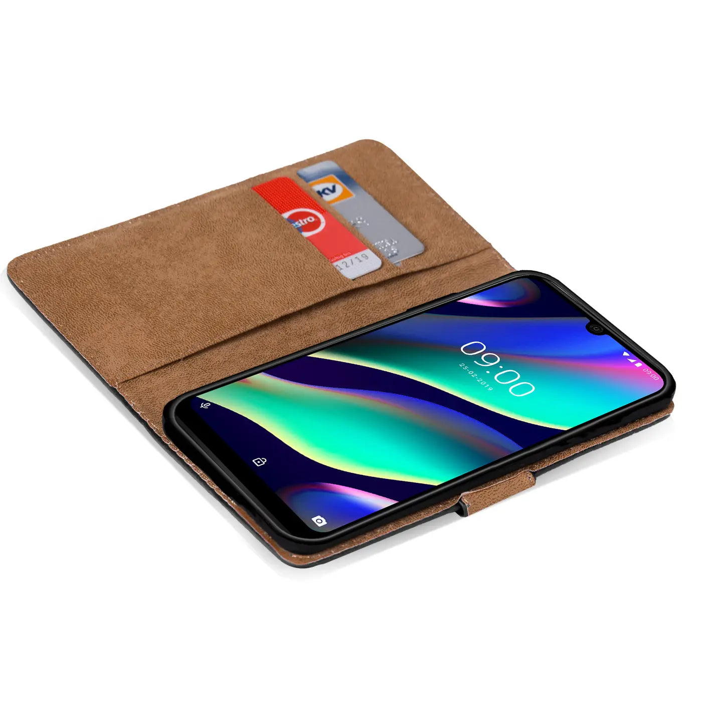 Braune Kunstleder-Klapphülle mit Kartenfächern für Wiko View 3 Lite, von oben schräg gezeigt.