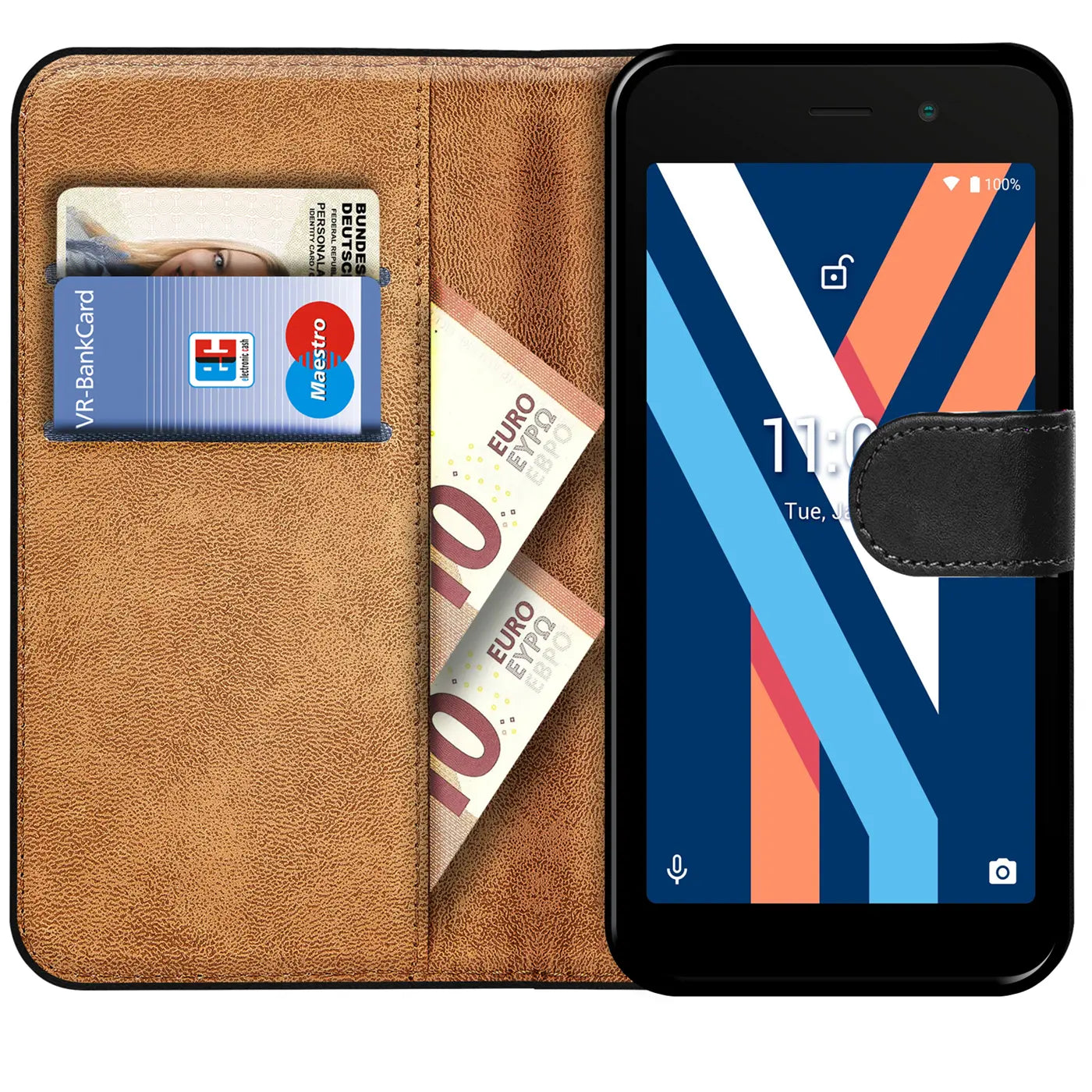 Braune Kunstleder-Klapphülle mit Kartenfächern und Geldscheinen, zeigt ein Wiko Y52 Smartphone.