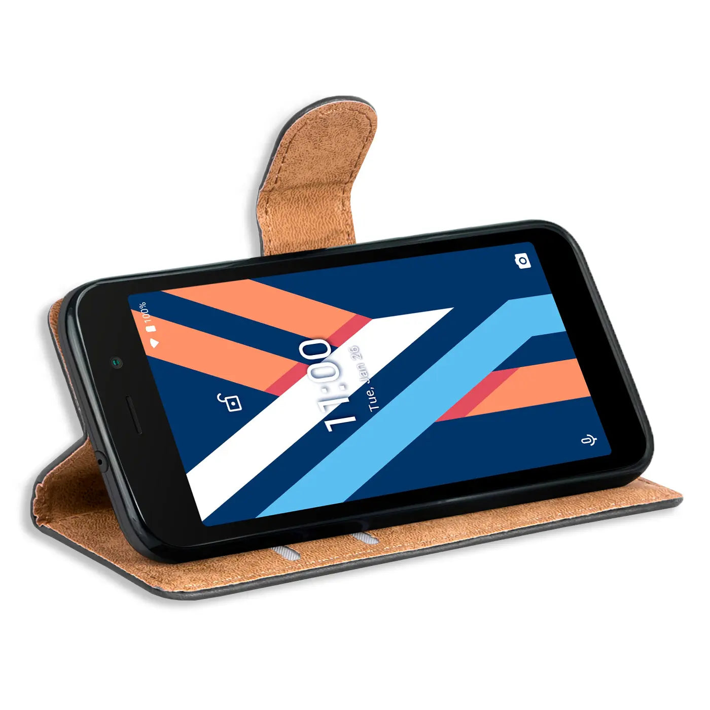 Braune Kunstleder-Klapphülle mit Wiko Y52 Smartphone, von vorne schräg gezeigt.