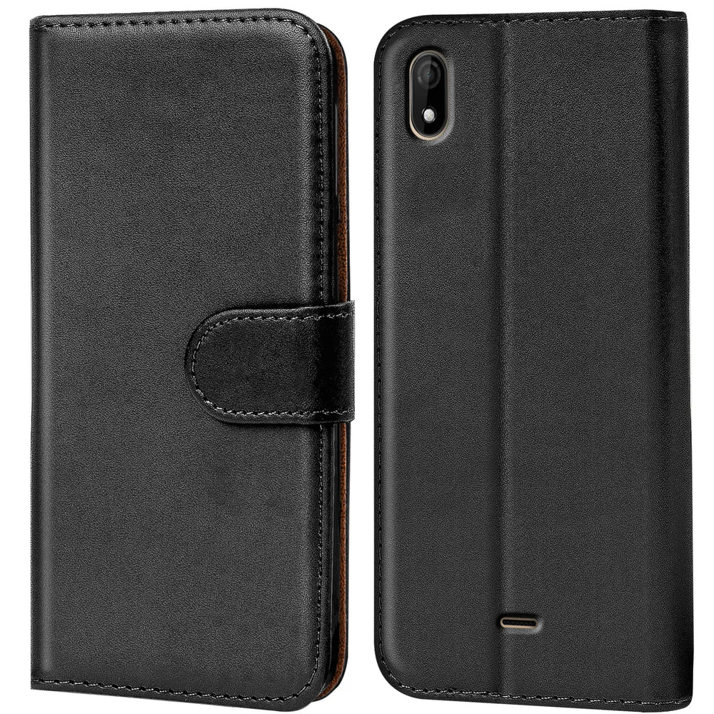 Schwarze Leder-Klapphülle für Wiko Y61, Vorder- und Rückansicht.