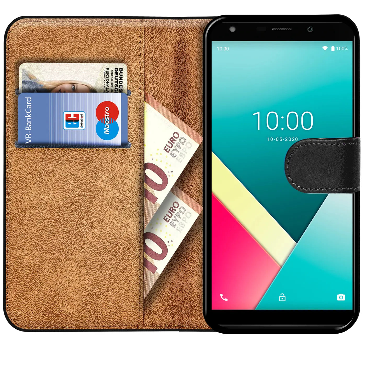 Braune Kunstleder-Klapphülle mit Kartenfächern und Geldscheinfach, zeigt Wiko Y61.