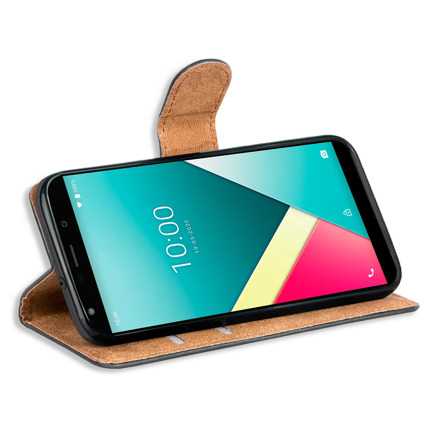 Braune Kunstleder-Klapphülle mit Kartenfächern für Wiko Y61, von vorne schräg gezeigt.