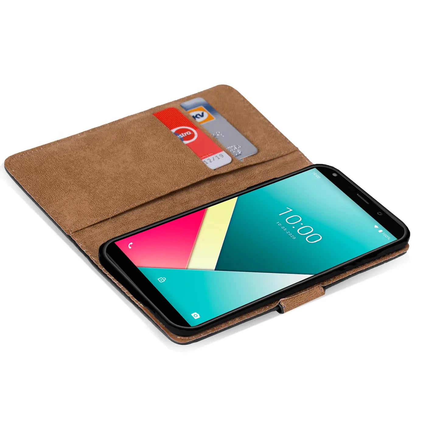 Braune Kunstleder-Klapphülle mit Kartenfächern, zeigt ein Smartphone von vorne.