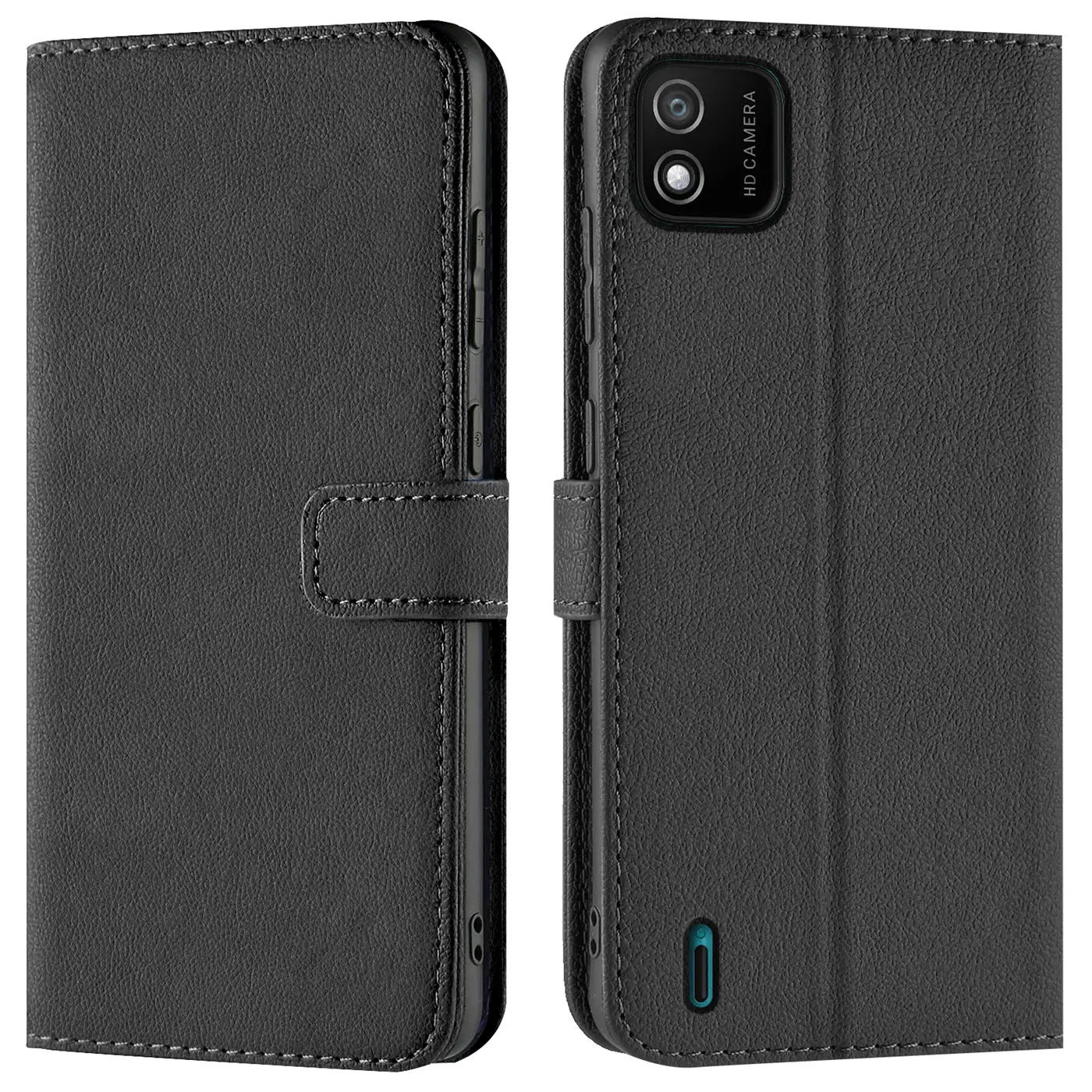 Schwarze Kunstleder-Klapphülle mit Kartenfächern für Wiko Y62, Vorder- und Rückansicht.