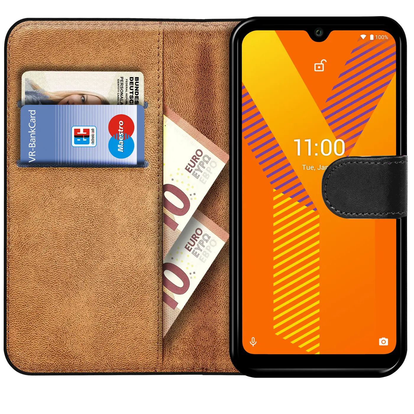 Braune Kunstleder-Klapphülle mit Kartenfächern und Geldscheinfach, zeigt Wiko Y62.