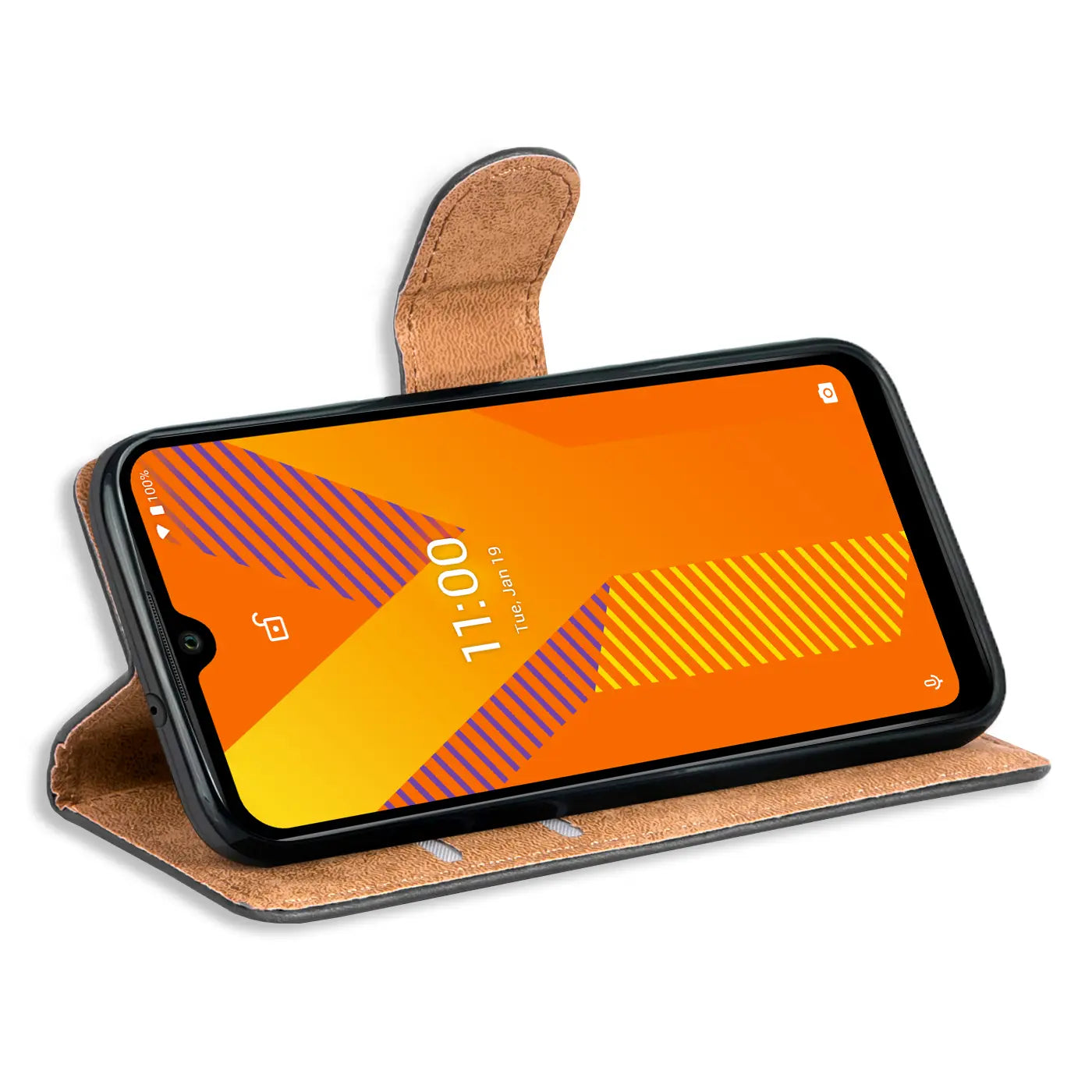Braune Kunstleder-Klapphülle mit Kartenfächern, zeigt Wiko Y62 von vorne.