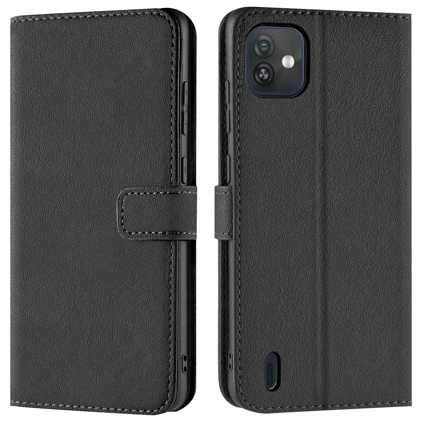 Schwarze Leder-Klapphülle mit Kartenfächern, Vorder- und Rückansicht, für Wiko Y82.