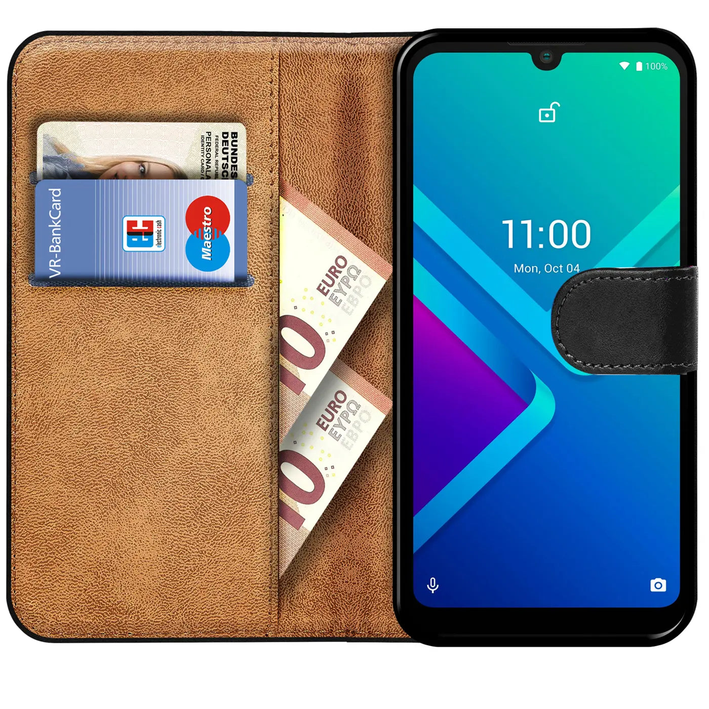 Braune Kunstleder-Klapphülle mit Kartenfächern und Geldscheinfach, zeigt Wiko Y82.