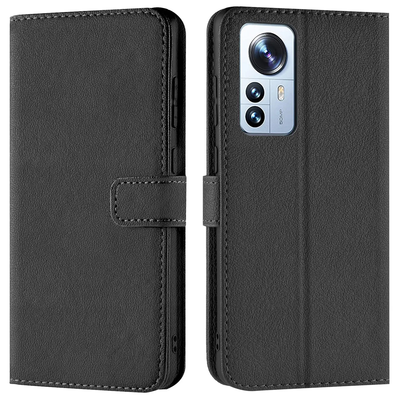 Schwarze Leder-Klapphülle mit Kartenfächern für Xiaomi 12 Pro, Vorder- und Rückansicht.