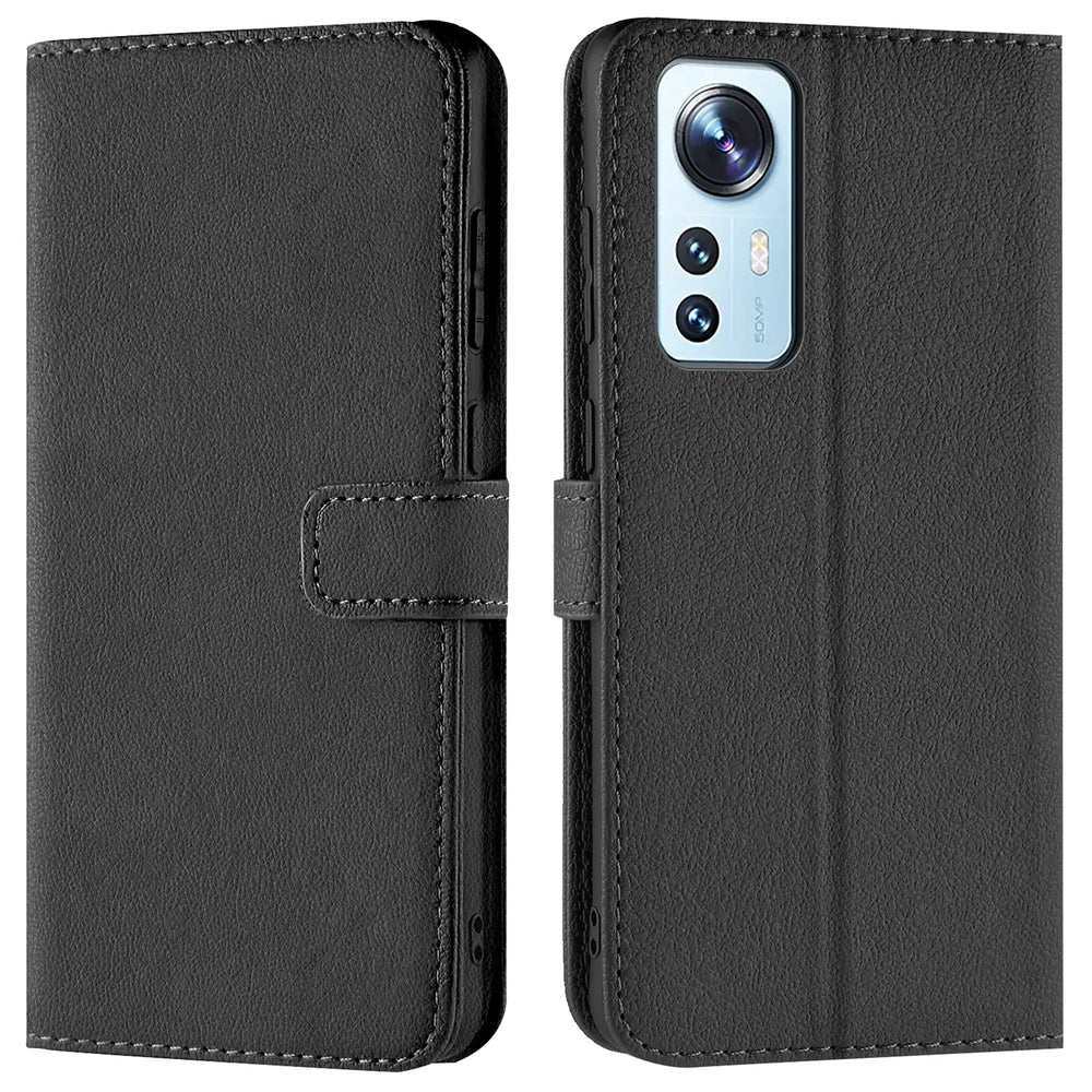 Schwarze Leder-Klapphülle mit Kartenfächern, Vorder- und Rückansicht, mit Xiaomi 12/12X.