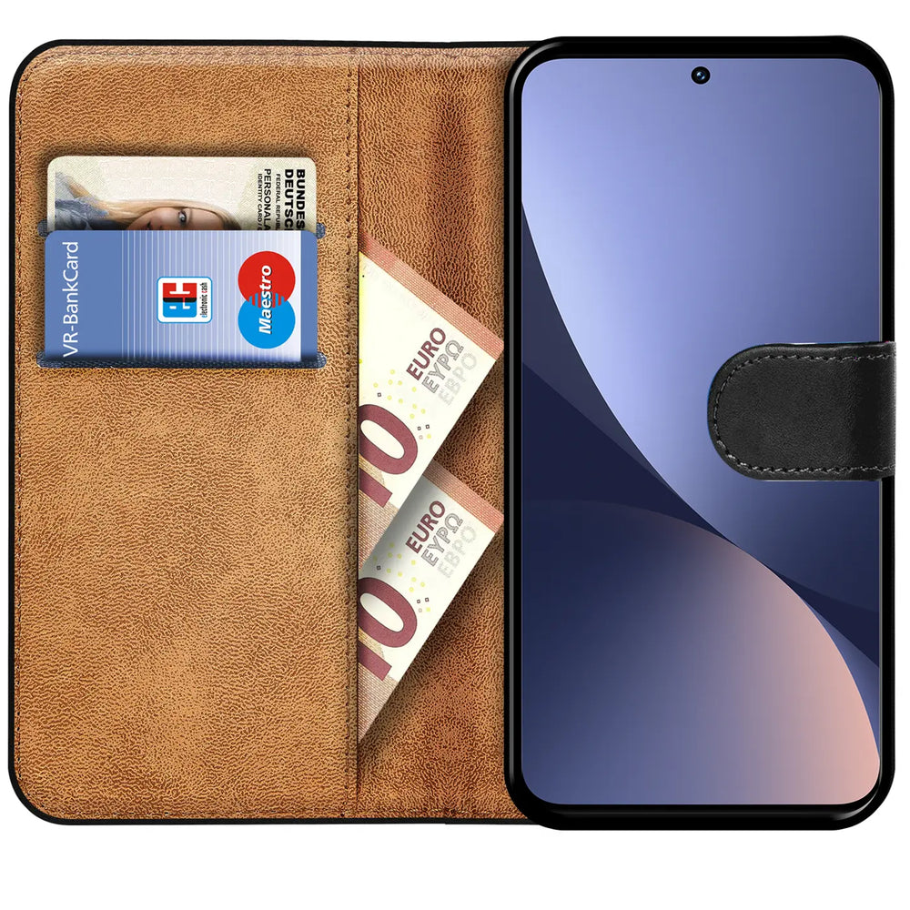 Braune Leder-Klapphülle mit Kartenfächern und Xiaomi 12/12X.
