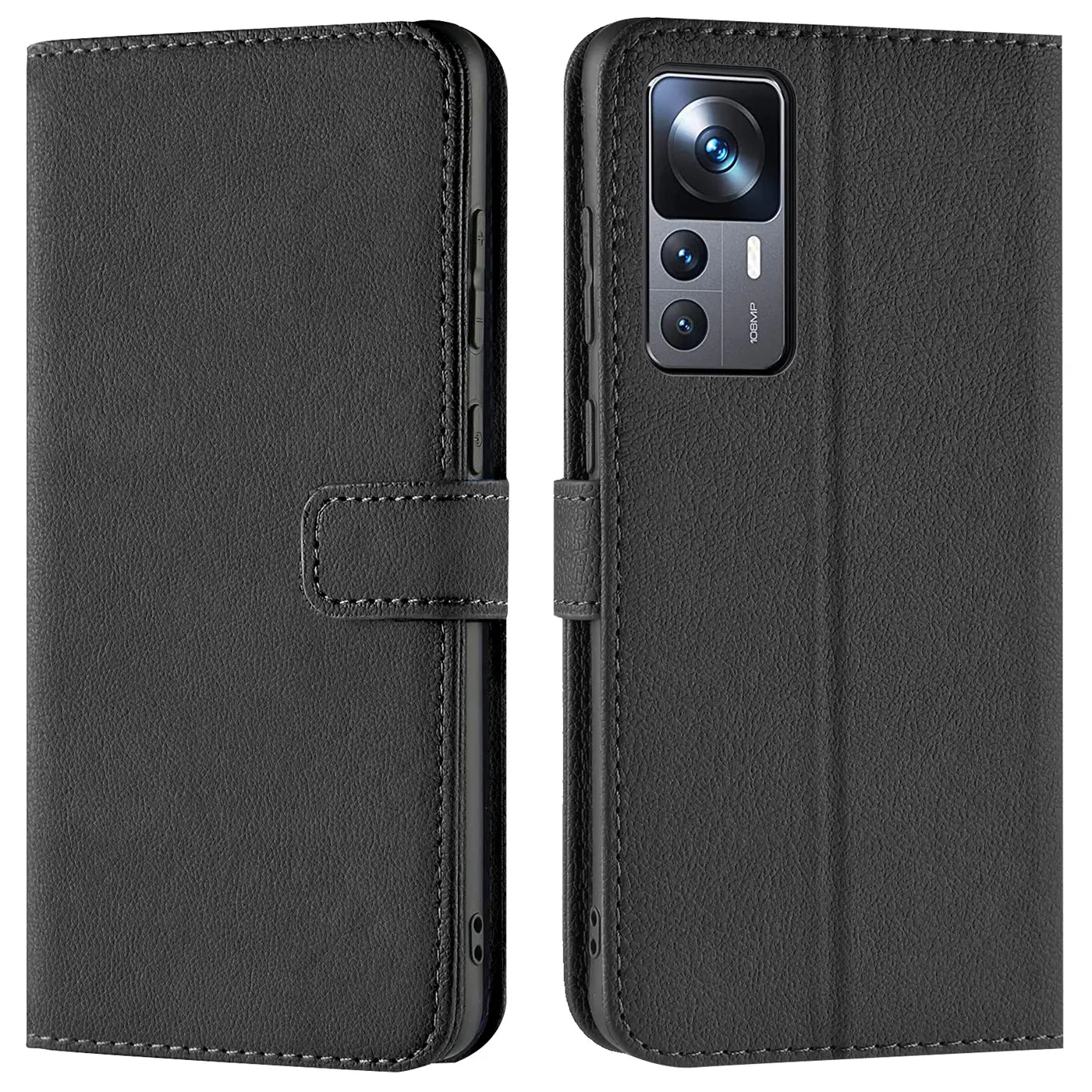 Schwarze Leder-Klapphülle mit Kartenfächern für Xiaomi 12T/12T Pro, Vorder- und Rückansicht.