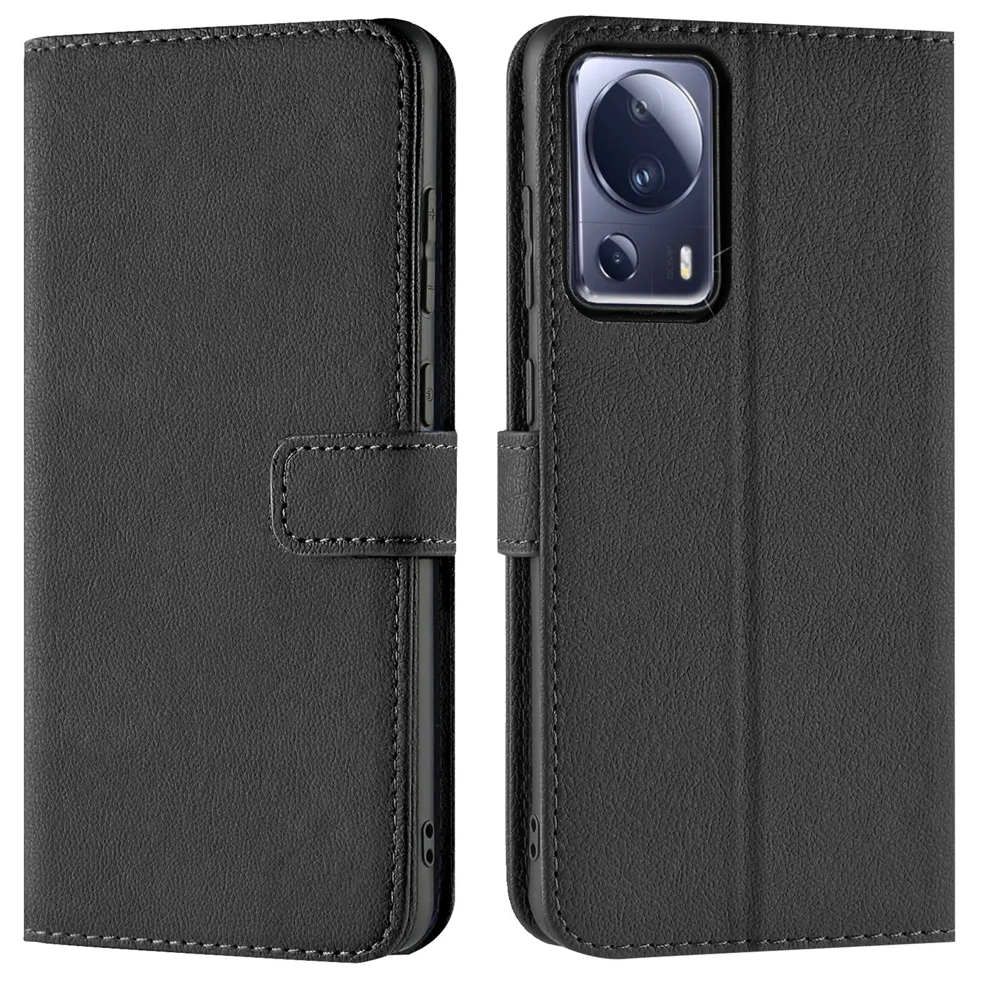 Schwarze Leder-Klapphülle mit Kartenfächern, zeigt Vorder- und Rückseite eines Xiaomi 13 Lite.