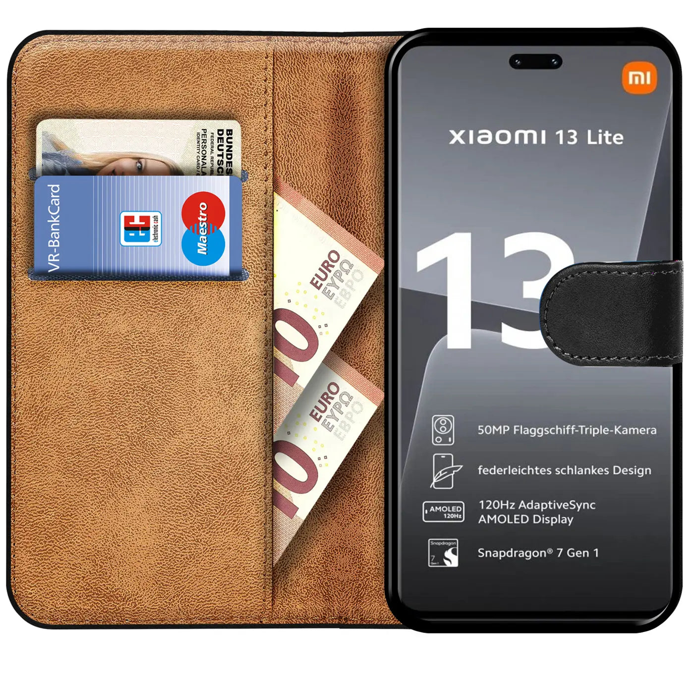 Braune Leder-Klapphülle mit Kartenfächern und Xiaomi 13 Lite.